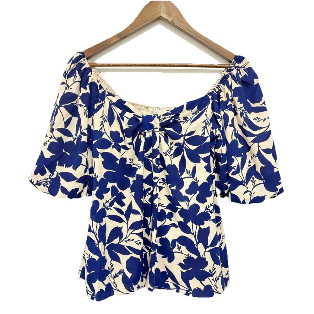 Umgee Blue Cream Floral Off Shoulder Puff Sleeve Blouse Top Women Small